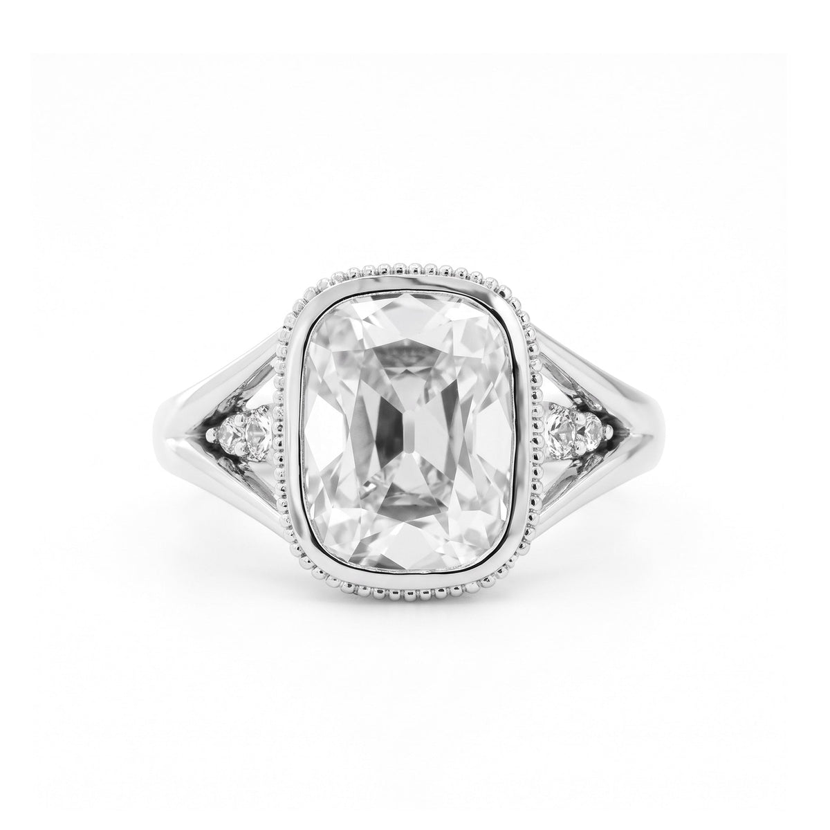 Elongated OMC Diamond Bezel Ring with Round & Marquise-Cut Side Stones and Millegrain - FIORESE JEWELRY