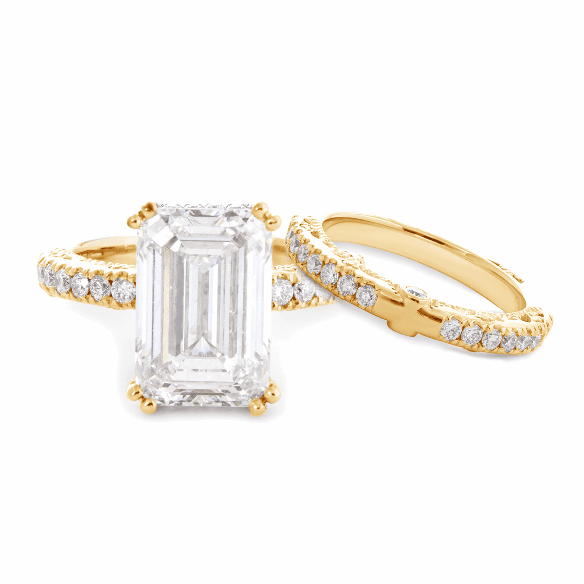 Emerald Cut Lab Diamond Double Round Prong Hidden Halo Millegrain Vintage Bridal Set — Engagement Ring with Half Eternity Band - FIORESE JEWELRY