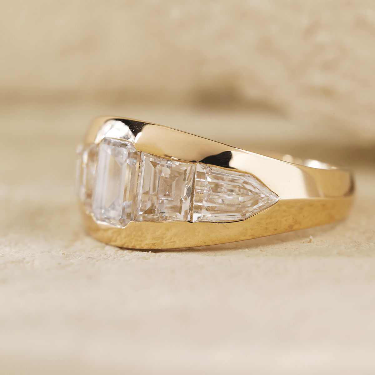 Emerald - Cut Lab Diamond Five - Stone Bezel - Set Ring with Tapered Step - Cut and Bullet - Cut Side Stones - FIORESE JEWELRY