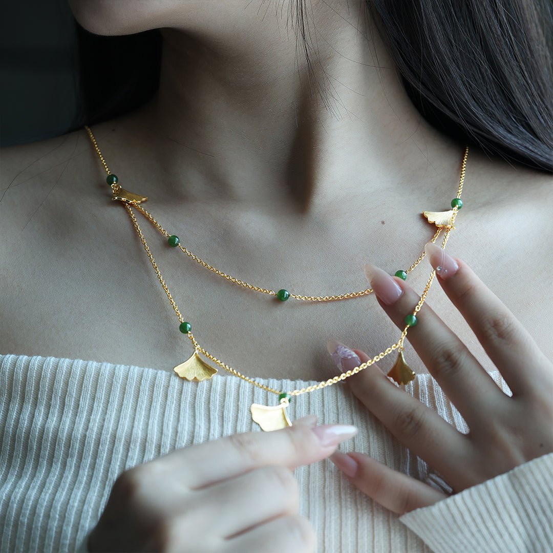 Golden Ginkgo & Green Hetian Jasper Long Necklace - LGG Jewelry
