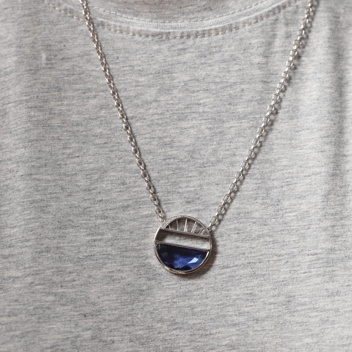 Half - Moon Crown Flower Blue Lab Sapphire Pendant Necklace - FIORESE JEWELRY