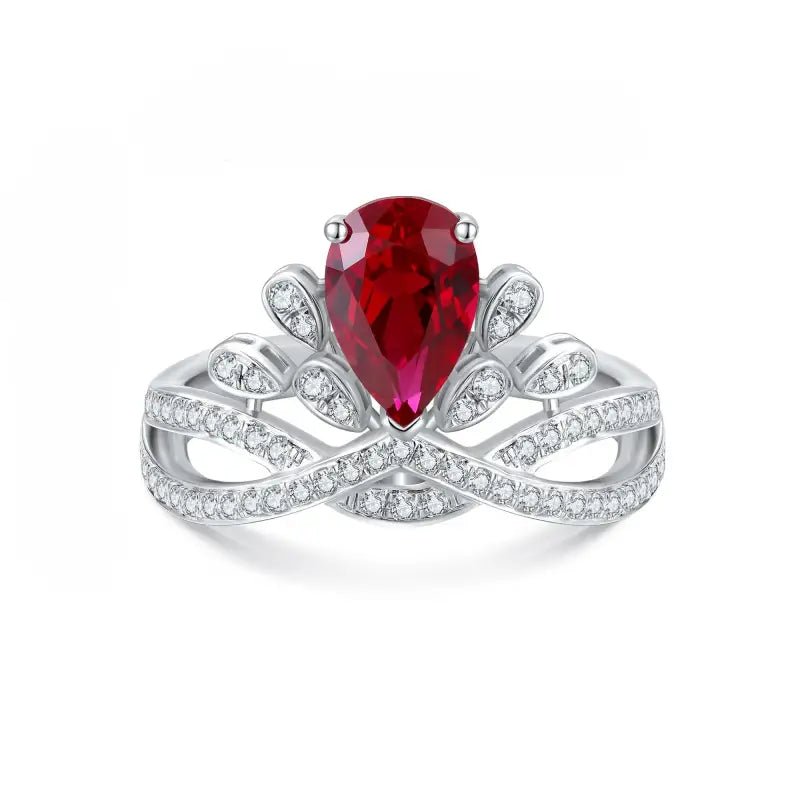 Leaf Crown 2.7 Ct Pear Cut Lab Ruby Engagement Ring - LGG Jewelry