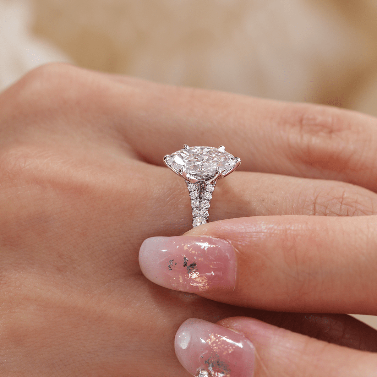 Marquise Cut Lab Diamond Six Claw Prongs Floral Basket Ring — With Round Lab Diamond Pave Split Band Design - FIORESE JEWELRY