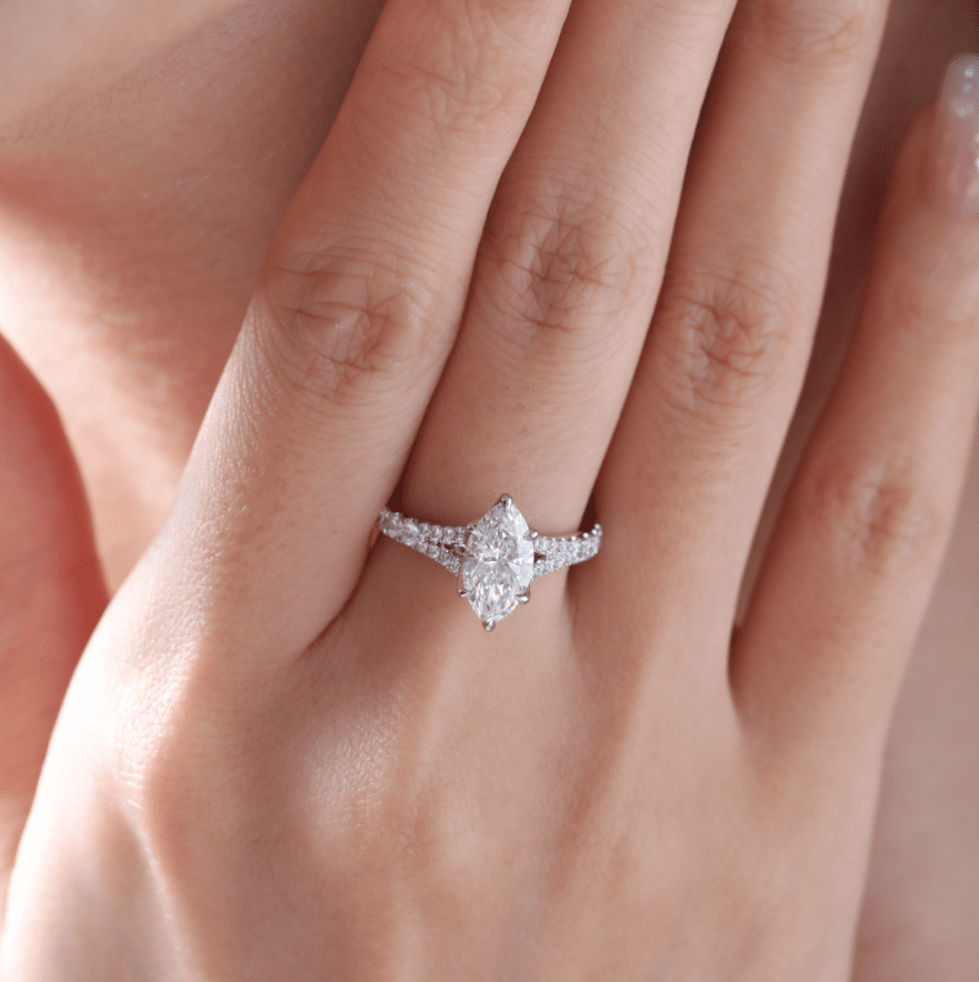 Marquise Cut Lab Diamond Six Claw Prongs Floral Basket Ring — With Round Lab Diamond Pave Split Band Design - FIORESE JEWELRY