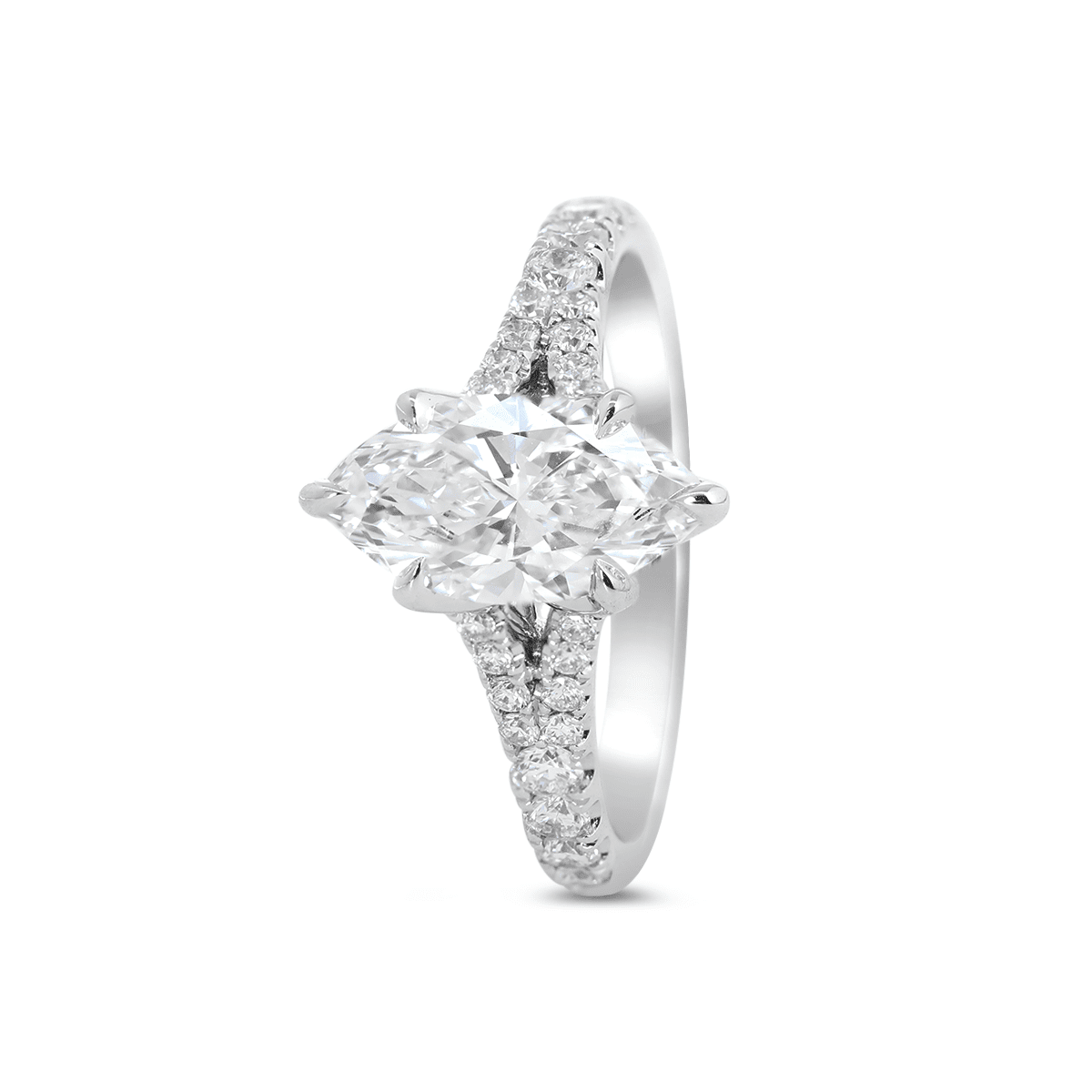 Marquise Cut Lab Diamond Six Claw Prongs Floral Basket Ring — With Round Lab Diamond Pave Split Band Design - FIORESE JEWELRY