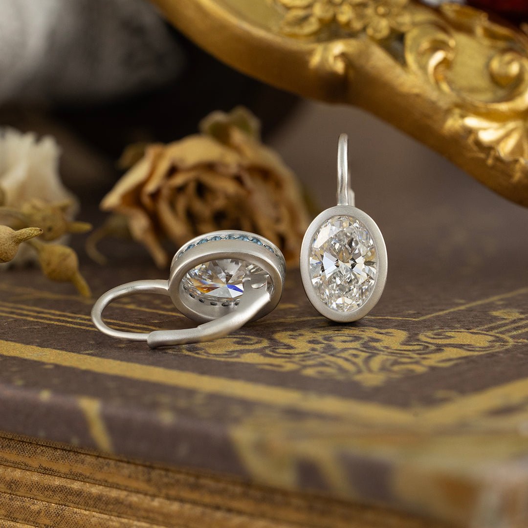 Matte Bezel Oval Cut Lab Diamond Dangle Earrings with Lab Blue Sapphire Hidden Halo - LGG Jewelry