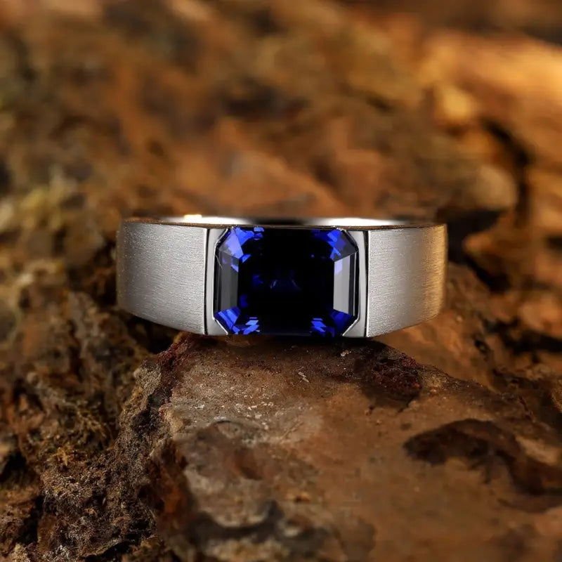 Minimalistic 3.5 Ct Emerald Cut Lab Blue Sapphire Half Bezel Wedding Ring For Men - LGG Jewelry