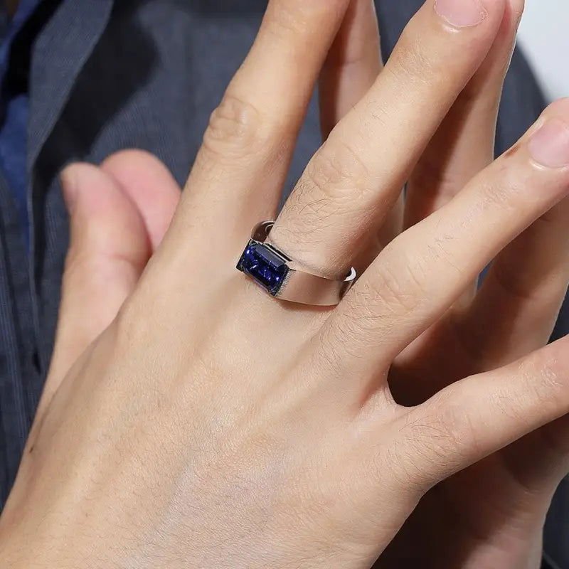 Minimalistic 3.5 Ct Emerald Cut Lab Blue Sapphire Half Bezel Wedding Ring For Men - LGG Jewelry