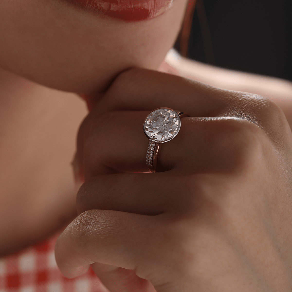 Old European Cut Lab Diamond Bezel Bridal Ring Set — Engagement Ring with Double - Row Pavé Half Eternity Wedding Band - FIORESE JEWELRY