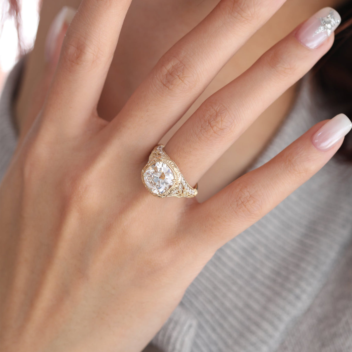 Old Mine-Cut Lab Diamond Antique-Inspired Ring with Pavé Diamond Accents - FIORESE JEWELRY