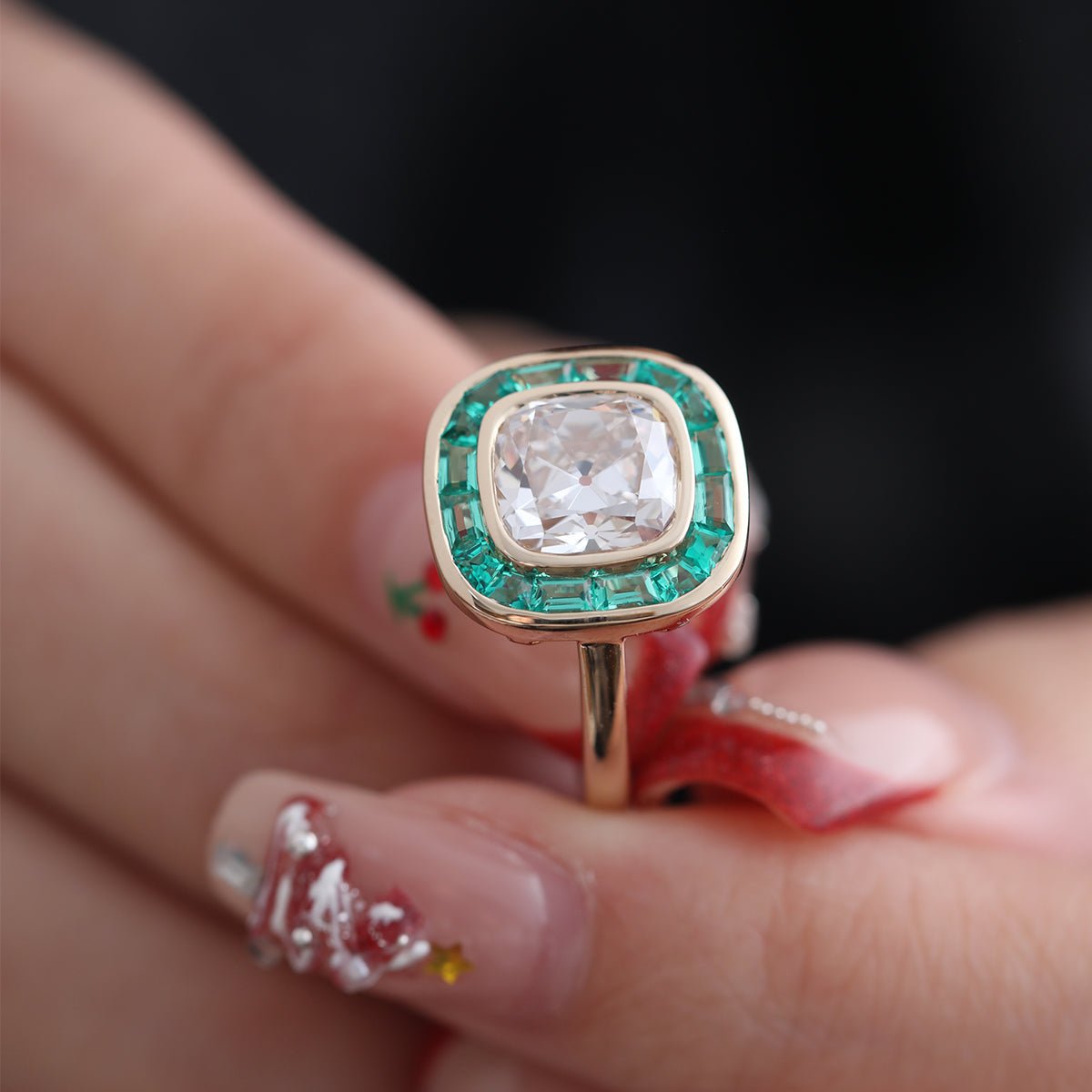 Old Mine-Cut Lab Diamond Bezel Ring with Tapered Baguette Emerald Halo - FIORESE JEWELRY