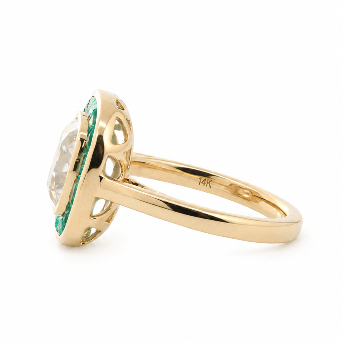 Old Mine-Cut Lab Diamond Bezel Ring with Tapered Baguette Emerald Halo - FIORESE JEWELRY