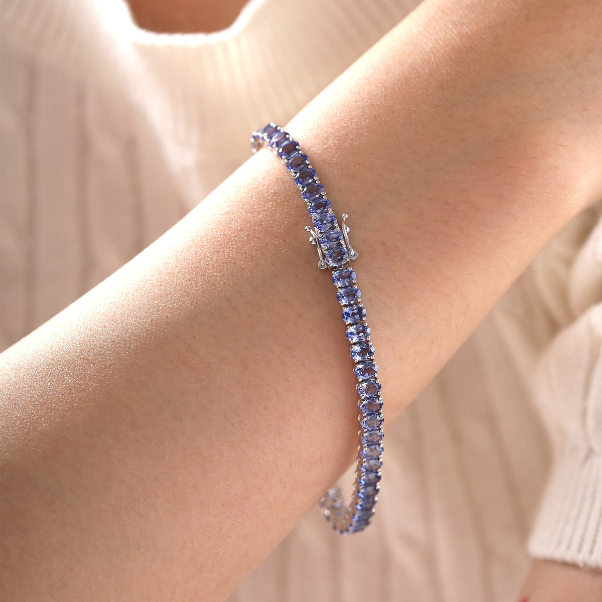 Oval Cornflower Blue Lab Sapphire Tennis Bracelet with 4-Prong Basket - FIORESE JEWELRY