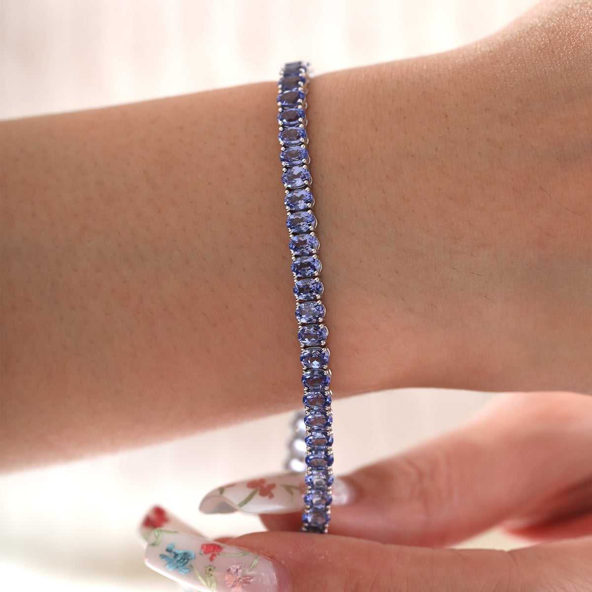 Oval Cornflower Blue Lab Sapphire Tennis Bracelet with 4-Prong Basket - FIORESE JEWELRY