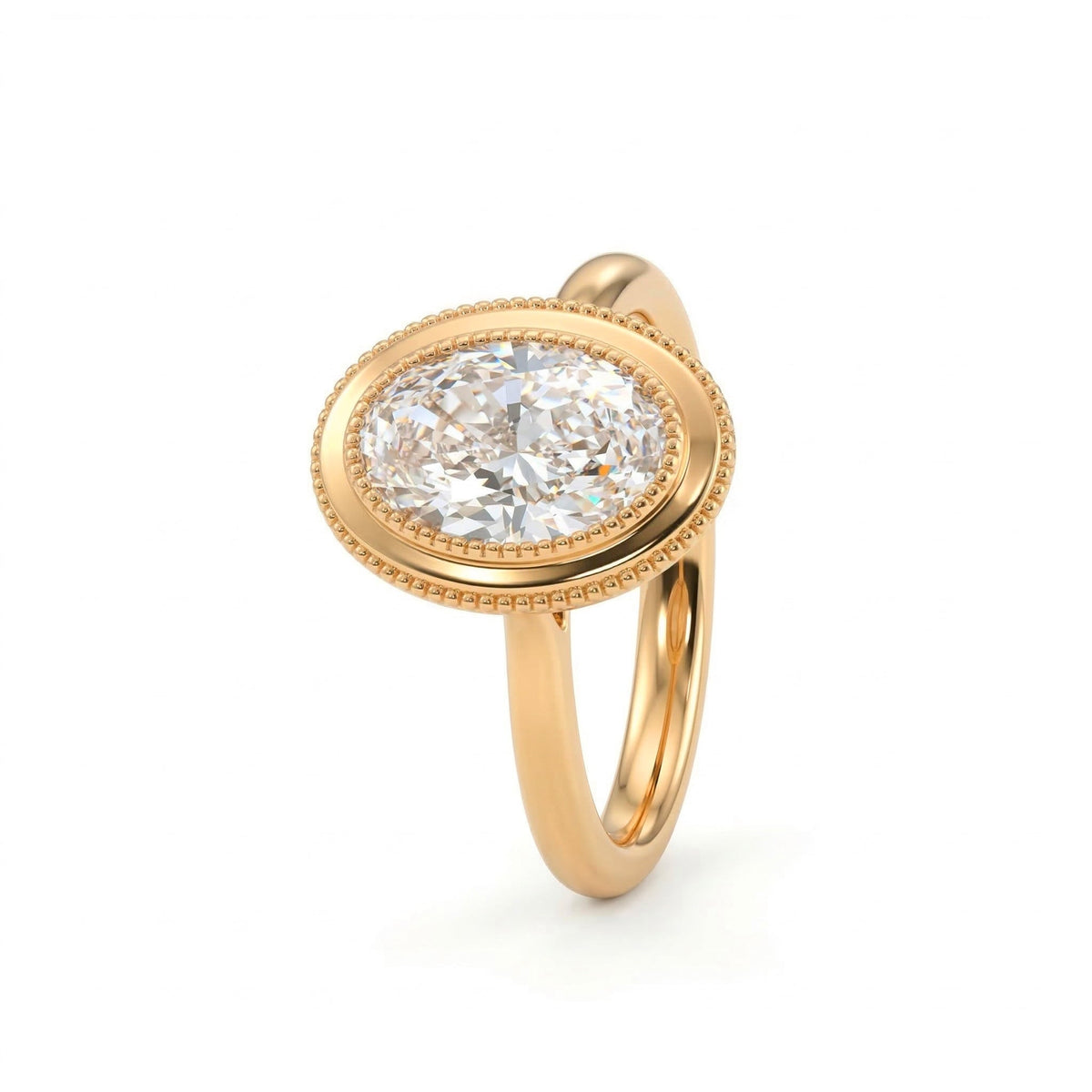 Oval - Cut Lab Diamond Solitaire Ring with Millegrain Bezel Basket Setting and Cathedral Design - FIORESE JEWELRY