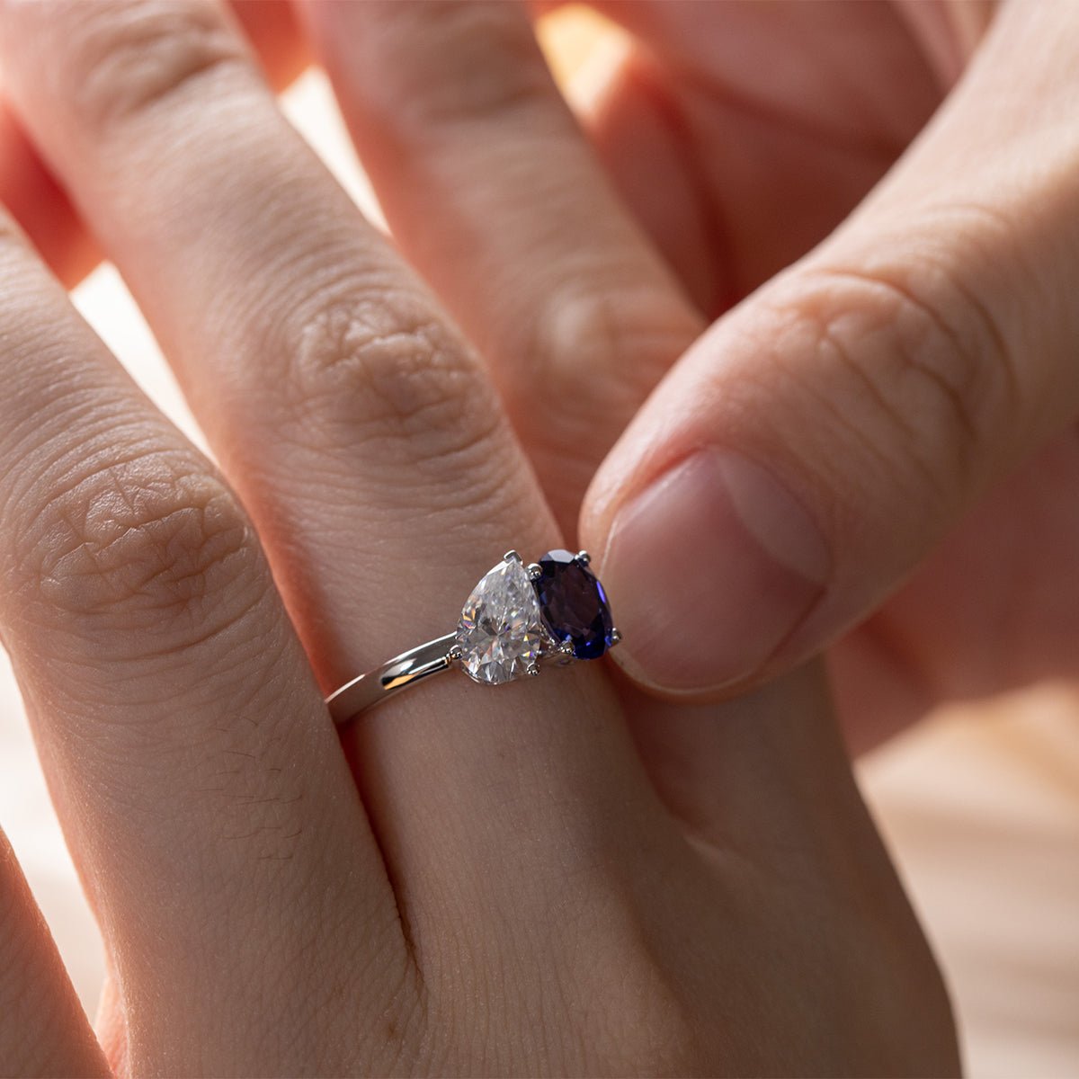 Oval Lab Sapphire and Pear - Cut Lab Diamond Toi et Moi Ring - FIORESE JEWELRY