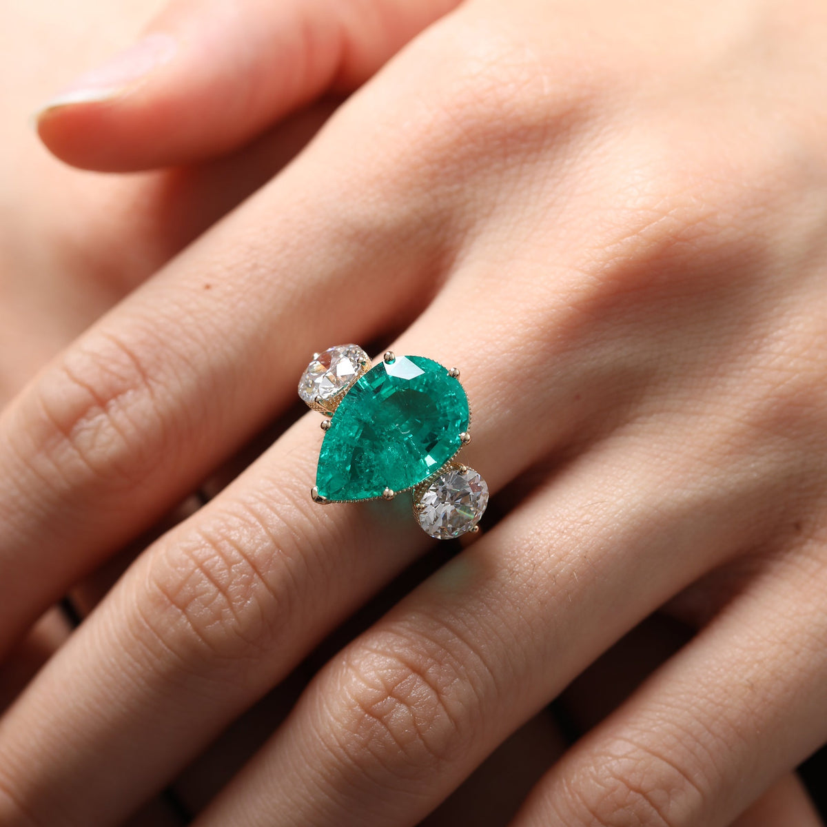 Pear Lab Emerald Three-Stone Engagement Ring with Old European-Cut Lab Diamond Side Stones - FIORESE JEWELRY
