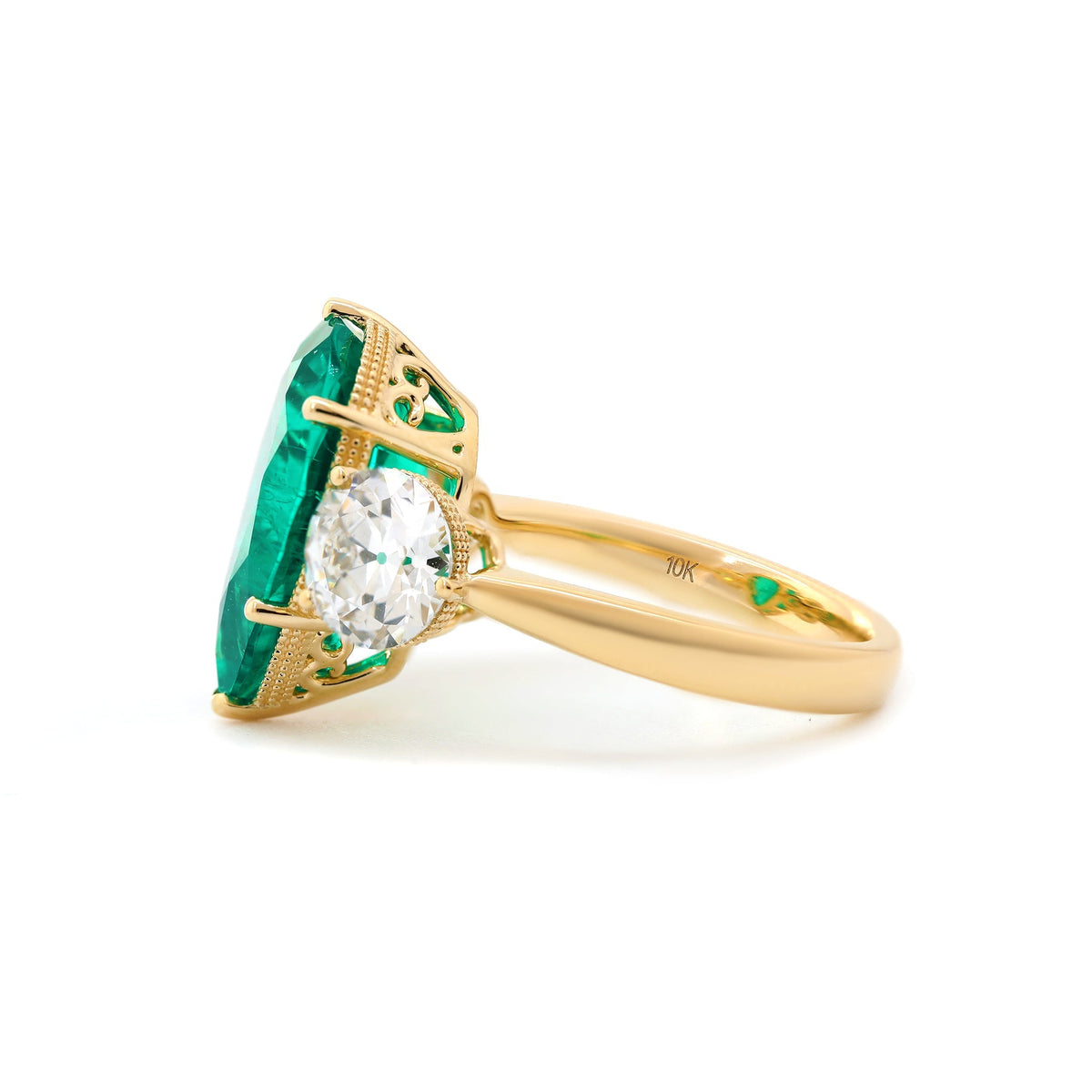 Pear Lab Emerald Three-Stone Engagement Ring with Old European-Cut Lab Diamond Side Stones - FIORESE JEWELRY
