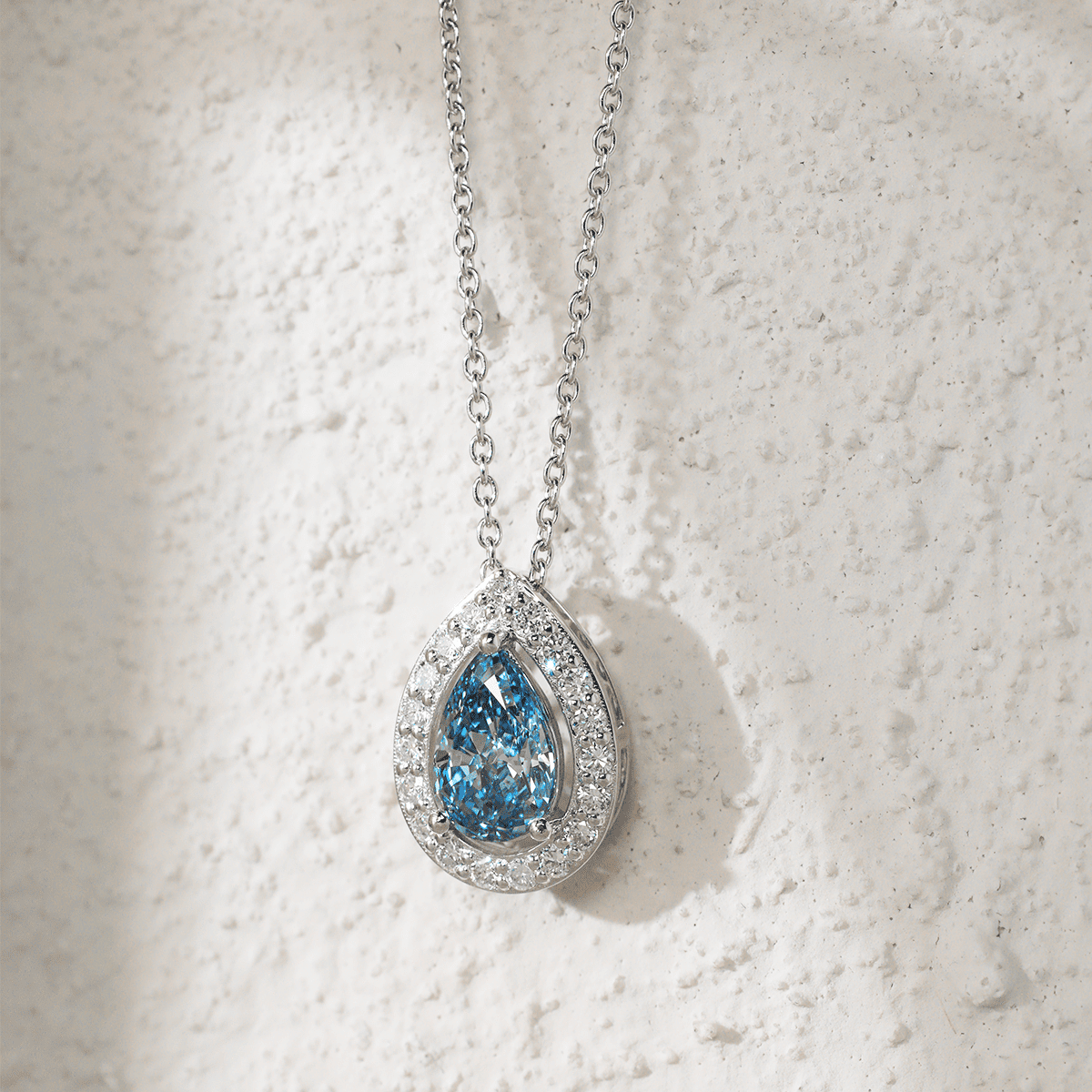 Platinum 1ct Pear Shaped Fancy Blue Lab Diamond Pendant Necklace with Round Lab Diamond Halo - FIORESE JEWELRY