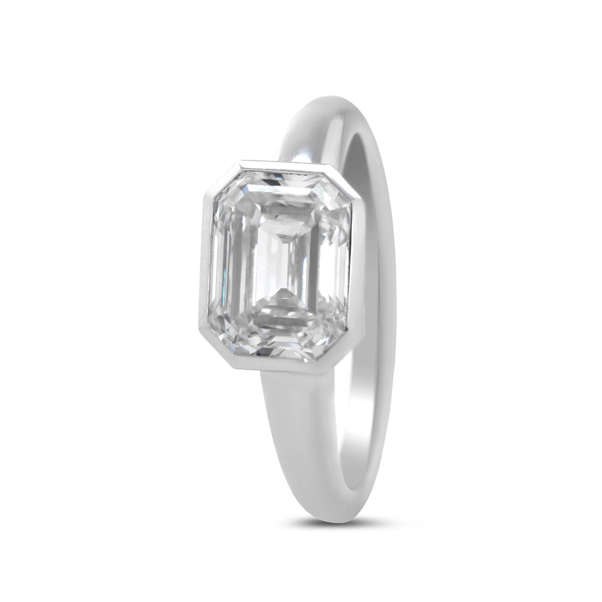 Platinum 3ct Antique Emerald Cut Lab Diamond Bezel Basket Solitaire Ring - FIORESE JEWELRY
