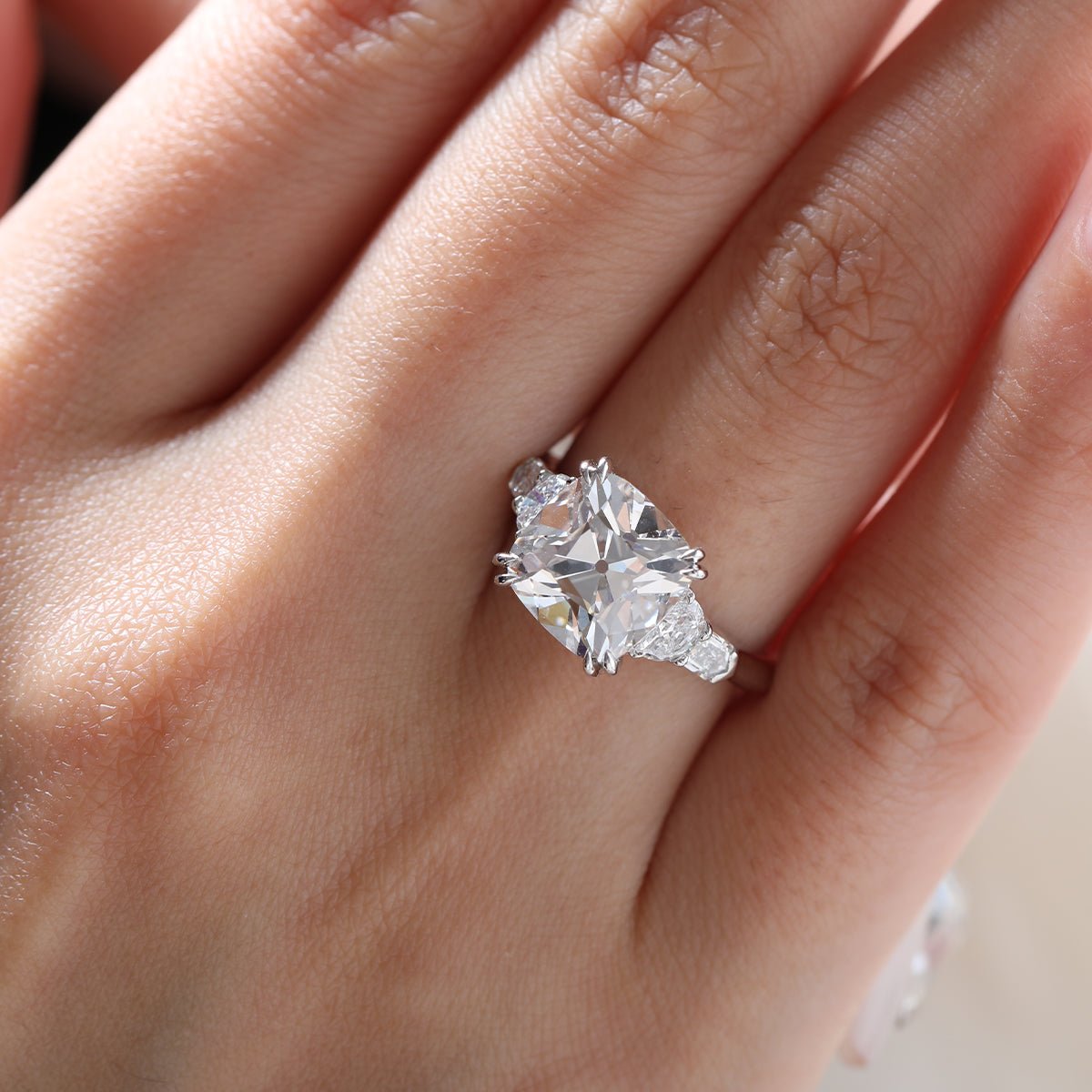 Platinum 4ct Old Mine Cut Lab Diamond Double Claw Prong Basket 5 Stone Ring with Half Moon and Bullet Cut Lab Diamond Side - stone - FIORESE JEWELRY
