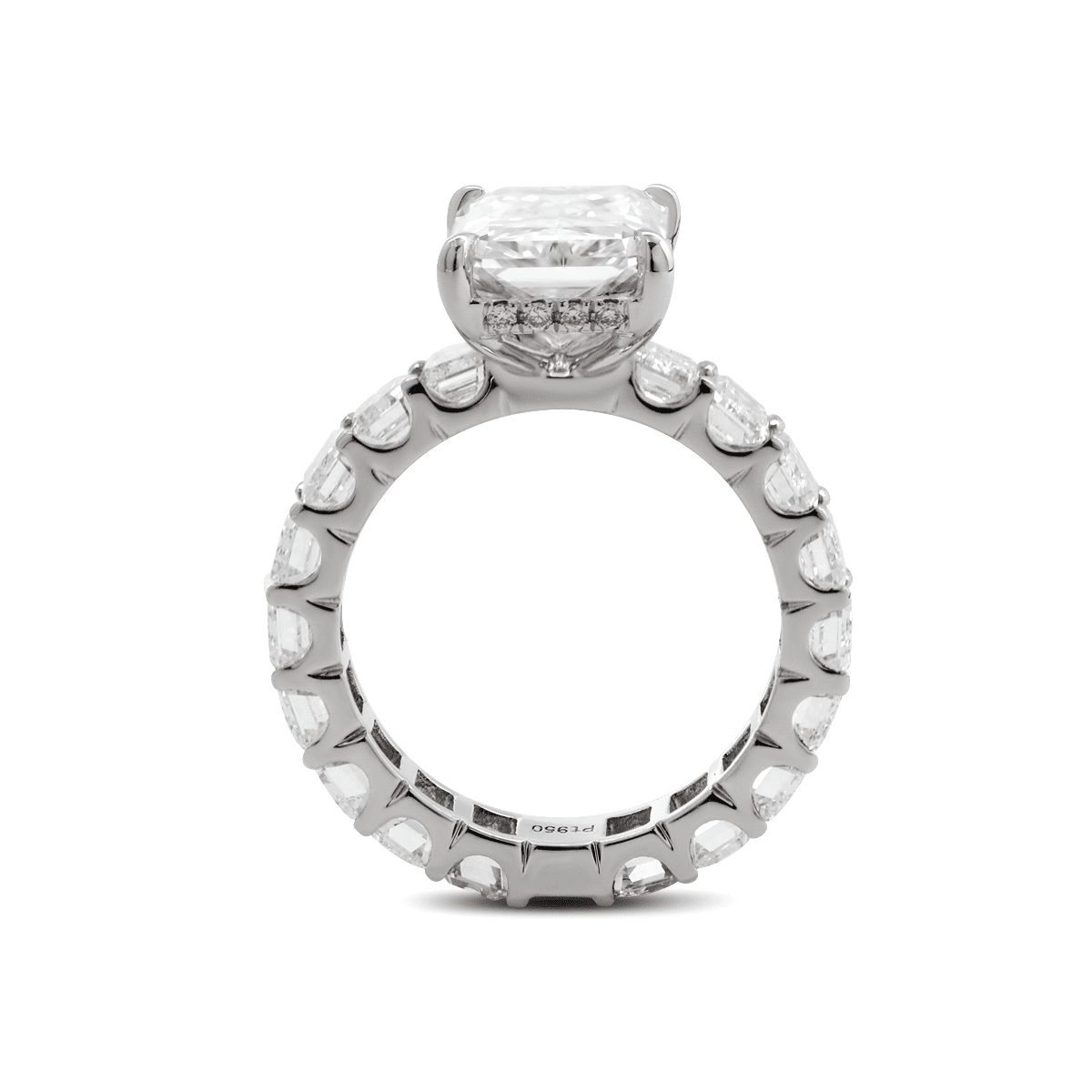 Platinum 4ct Radiant Cut Lab Diamond 4 Calw Prong Basket Ring with Round Lab Diamond Hiddden - Halo and Emerald Cut Lab Diamond Pave - FIORESE JEWELRY