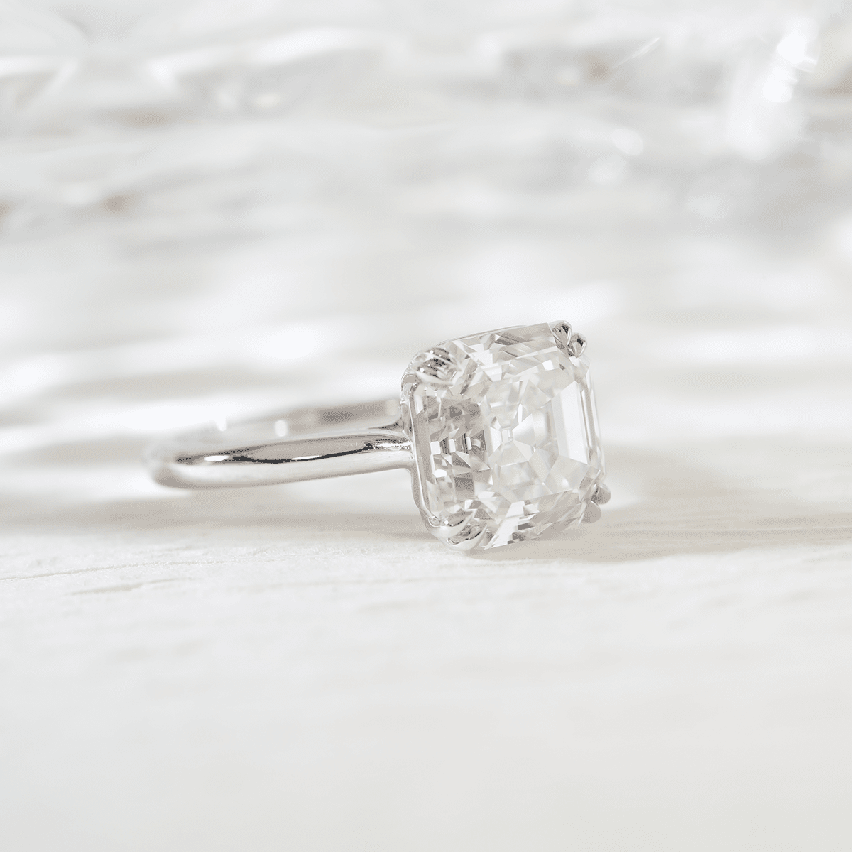 Platinum 5ct Antique Asscher Cut Lab Diamond Double Claw Prong Basket Solitaire Ring - FIORESE JEWELRY