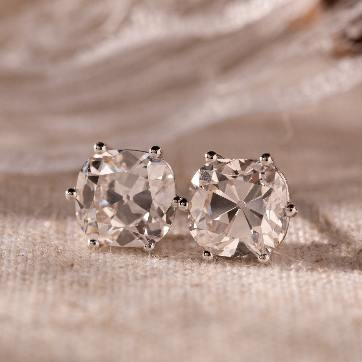 Platinum 6 ct tw Old Mine Cut Lab Diamond 6 Round Prongs Basket Stud Earrings - FIORESE JEWELRY