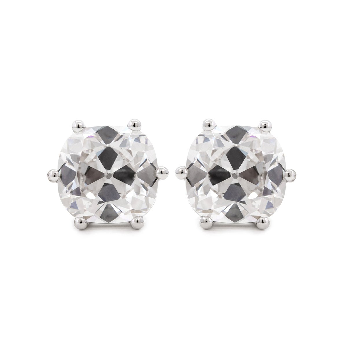 Platinum 6 ct tw Old Mine Cut Lab Diamond 6 Round Prongs Basket Stud Earrings - FIORESE JEWELRY