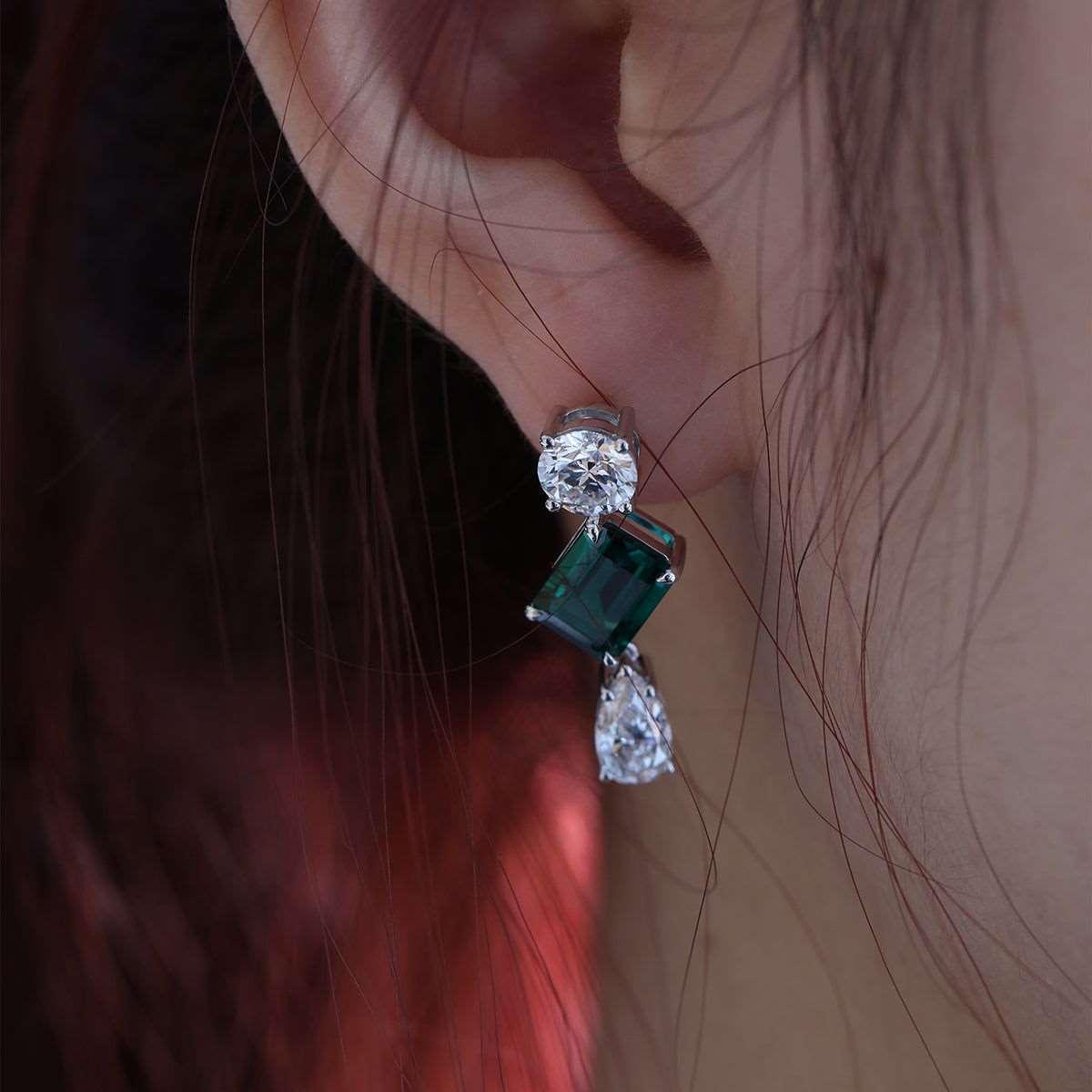 Platinum 7 ct tw Lab Zambian Emerald Round & Pear Lab Diamond Stud Earrings - FIORESE JEWELRY