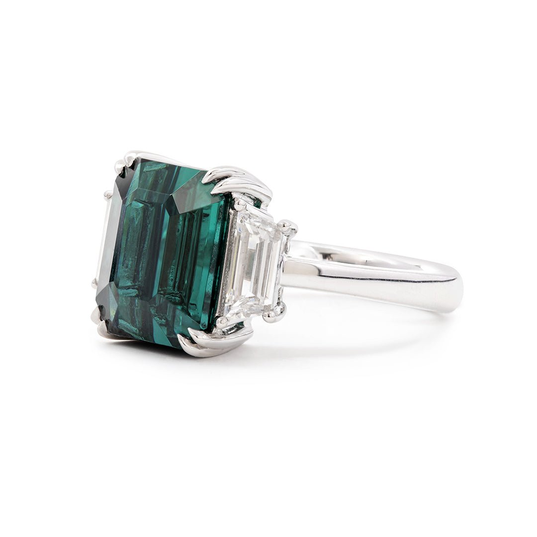 Platinum 9.4ct Verdelite Green Tourmaline Three - stone Ring with Step Cut Trapezoid Lab Diamond Side - stones - FIORESE JEWELRY