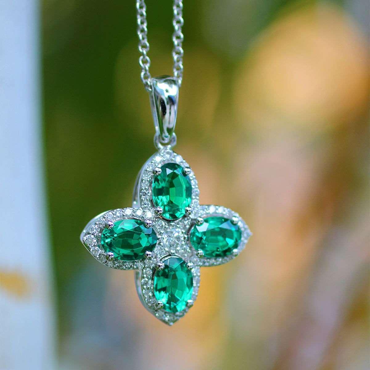 Platinum Oval Cut Lab Colombian Emerald Four - leaf Clover Lab Diamond Halo Necklace - FIORESE JEWELRY