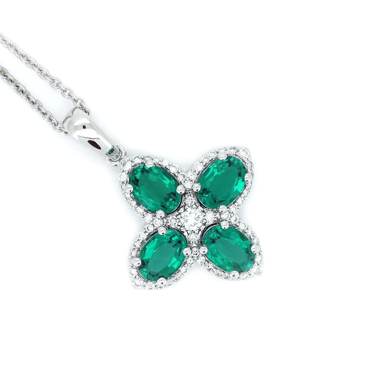 Platinum Oval Cut Lab Colombian Emerald Four - leaf Clover Lab Diamond Halo Necklace - FIORESE JEWELRY