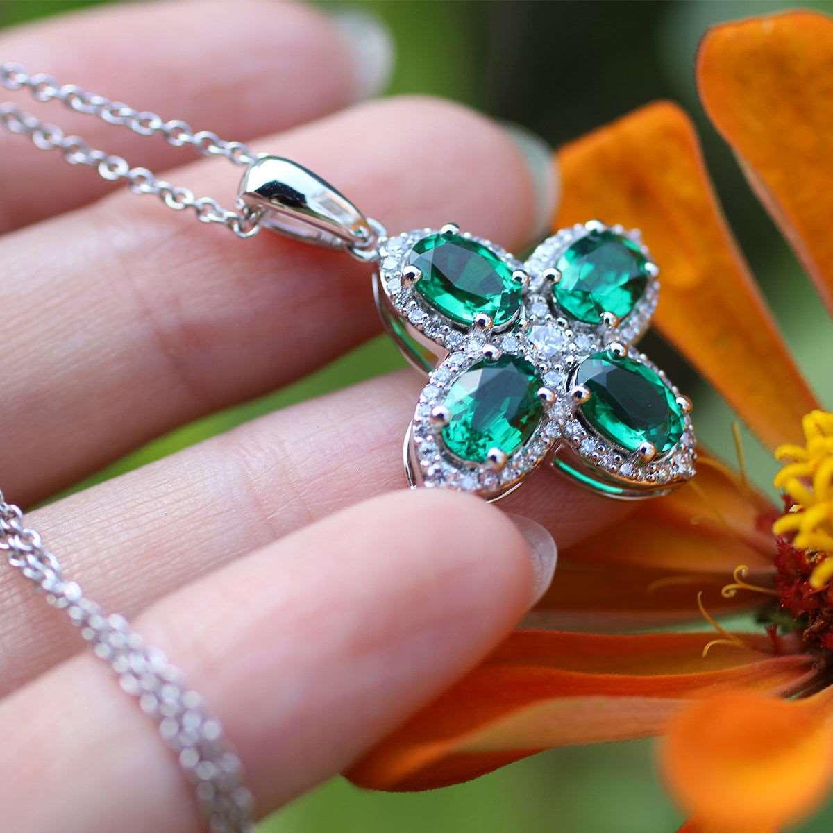 Platinum Oval Cut Lab Colombian Emerald Four - leaf Clover Lab Diamond Halo Necklace - FIORESE JEWELRY