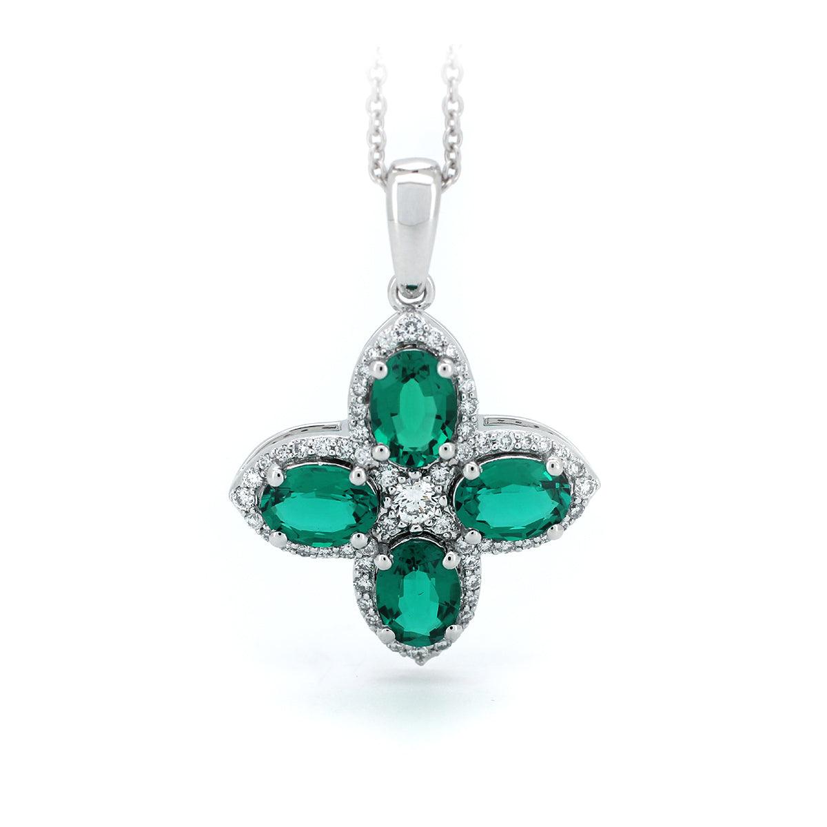 Platinum Oval Cut Lab Colombian Emerald Four - leaf Clover Lab Diamond Halo Necklace - FIORESE JEWELRY