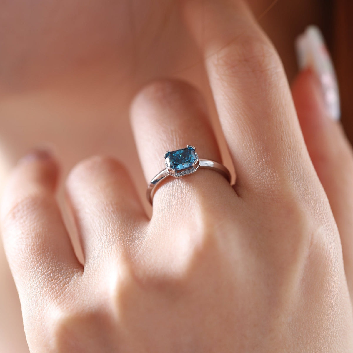 Platinum Radiant Cut Blue Lab Diamond Starlit Ocean Oath Ring with Round Lab Diamond Half Hidden Halo - FIORESE JEWELRY