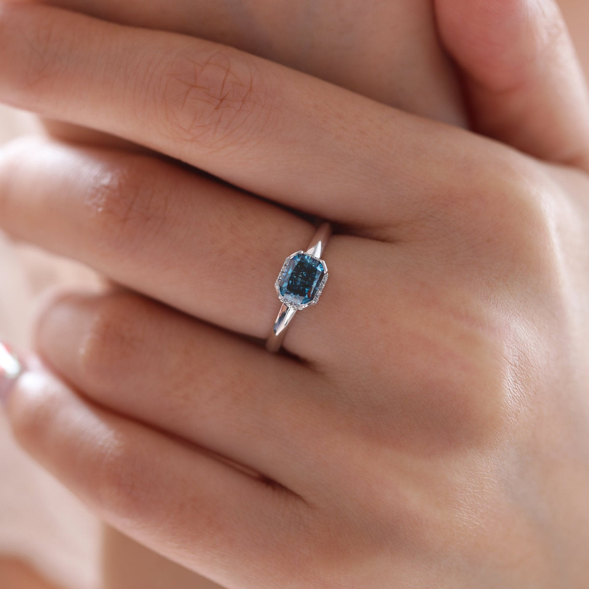 Platinum Radiant Cut Blue Lab Diamond Starlit Ocean Oath Ring with Round Lab Diamond Half Hidden Halo - FIORESE JEWELRY