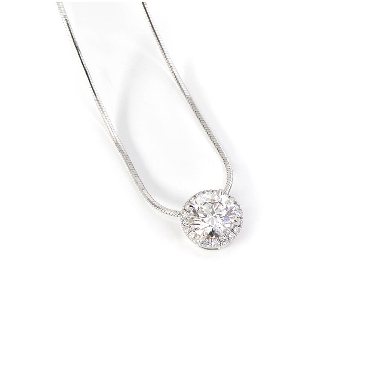 Platinum Round Brilliant Cut Lab Diamond Halo Setting Necklace - FIORESE JEWELRY