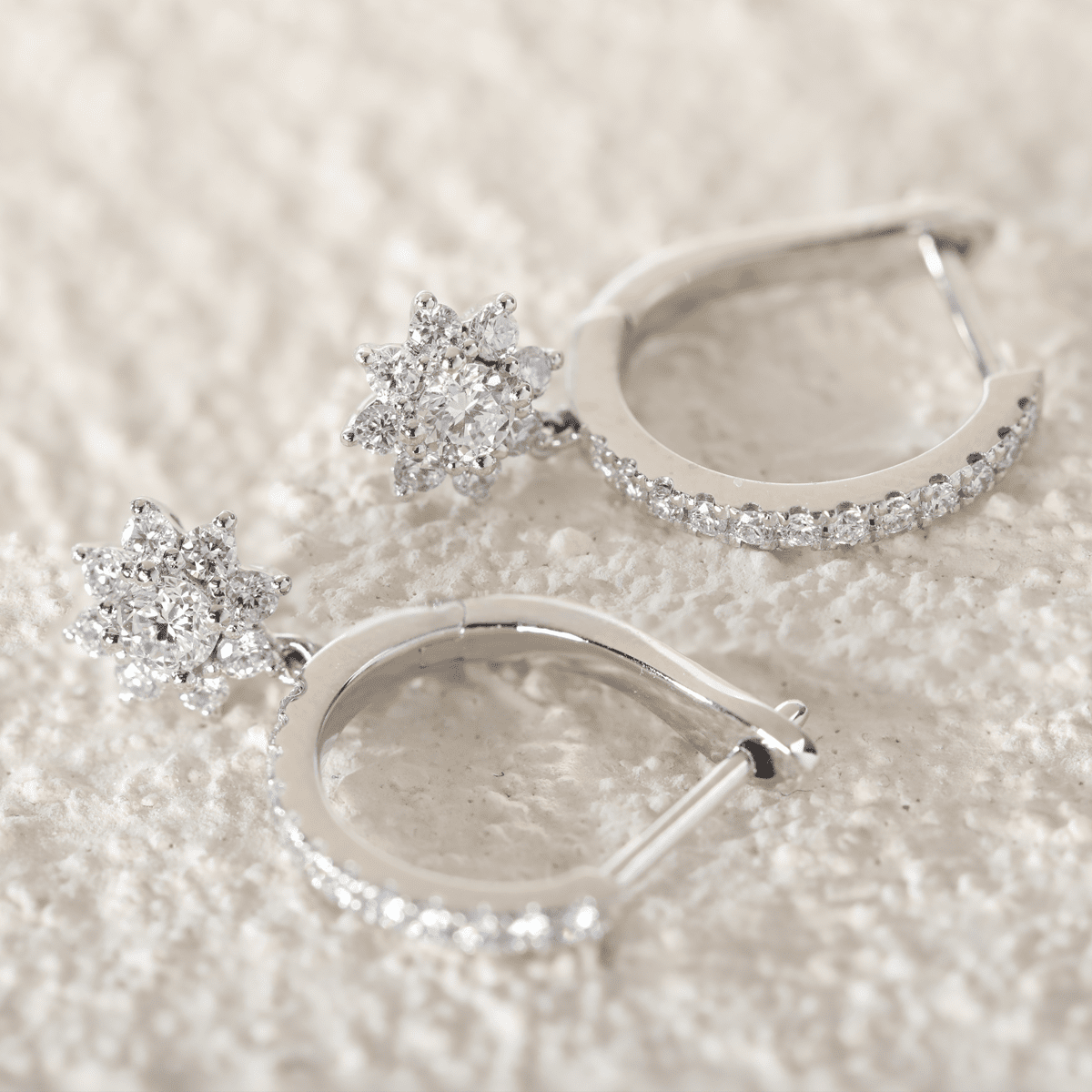 Platinum Round Lab Diamond Floral Hoop Earrings - FIORESE JEWELRY