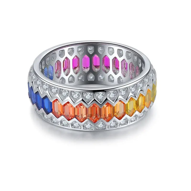 Rainbow Wave Line Elongated Hexagon Lab Sapphire Channel Eternity Band - LGG Jewelry