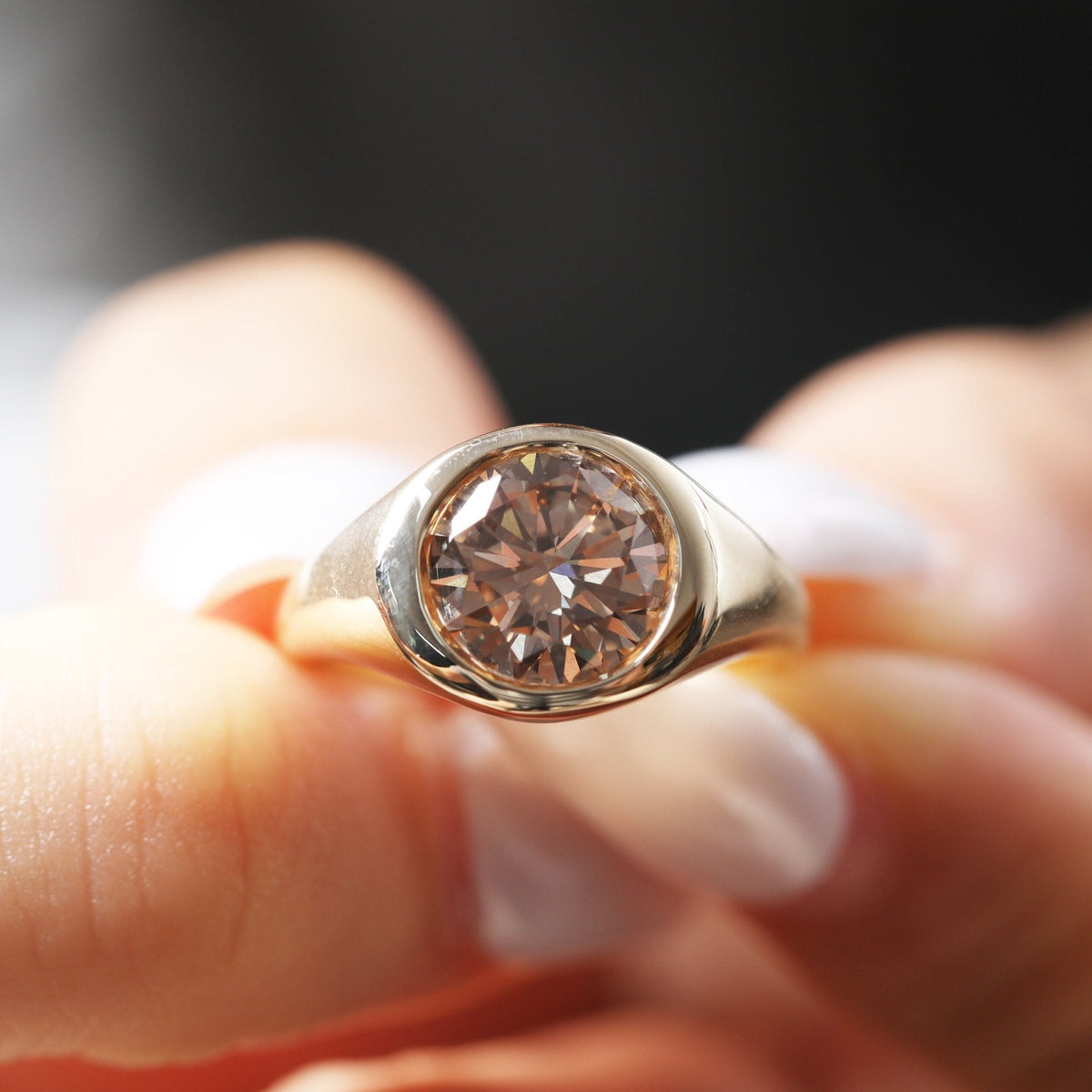 Round Brown Lab Diamond Solitaire Ring Inspired by Pantone 2025 "Mocha Mousse", with Bezel Setting and Tapered Band - FIORESE JEWELRY