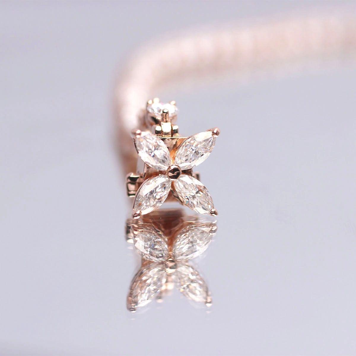 Round Cut Lab Diamond Three - Prong Basket Tennis Bracelet with Floral Marquise Diamond Box Clasp - FIORESE JEWELRY