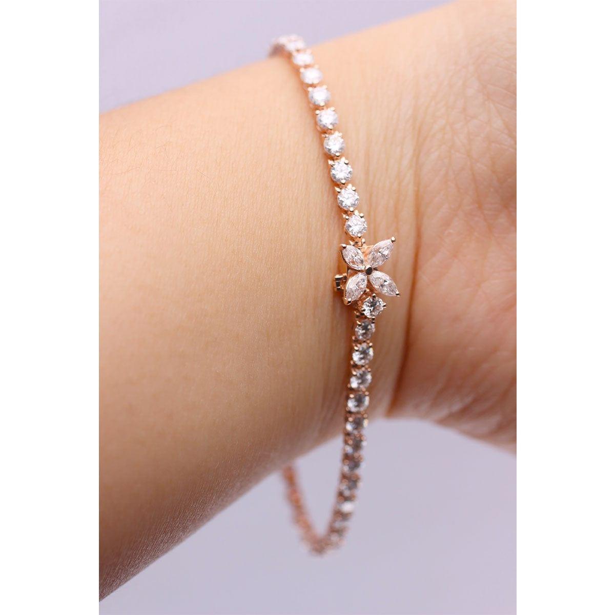 Round Cut Lab Diamond Three - Prong Basket Tennis Bracelet with Floral Marquise Diamond Box Clasp - FIORESE JEWELRY