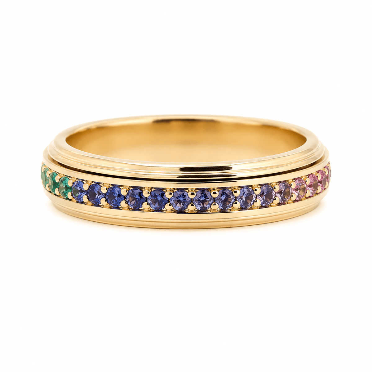 Round-Cut Rainbow Sapphire Eternity Fidget Ring - FIORESE JEWELRY