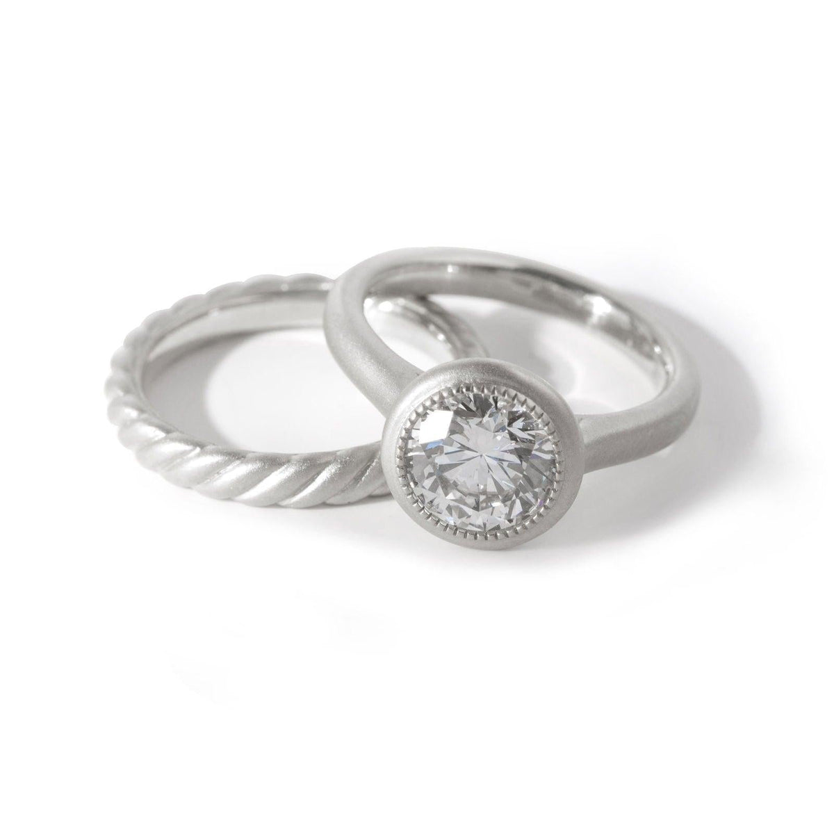 Round Lab Diamond Bezel Cathedral Bridal Set — Matte Engagement Ring with Twisted Matching Band - FIORESE JEWELRY