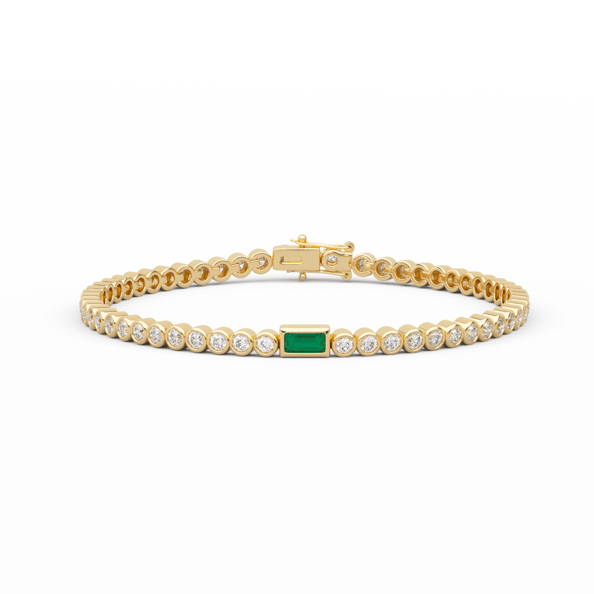 Round Lab Diamond Bezel - Set Tennis Bracelet with a Baguette Cut Lab Emerald Center Stone - FIORESE JEWELRY