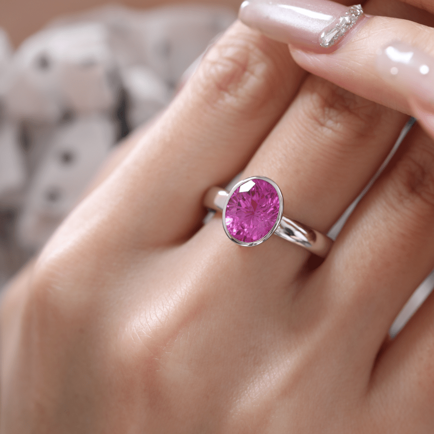 Starbrite-Cut Pink Lab Sapphire Bezel Solitaire Ring with European Shank - FIORESE JEWELRY
