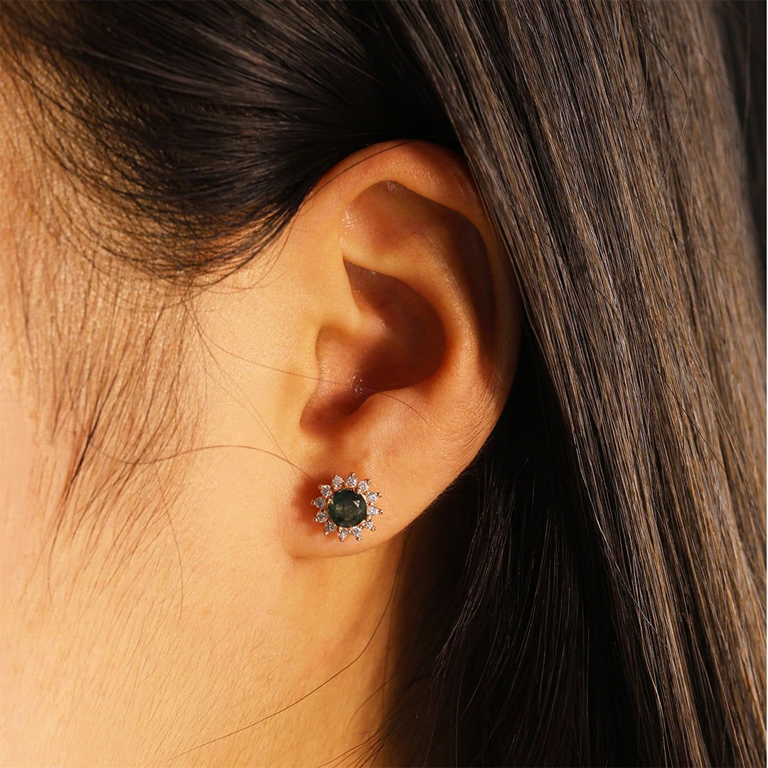 Sunny Halo Round Cut Moss Agate Ear Studs - LGG Jewelry