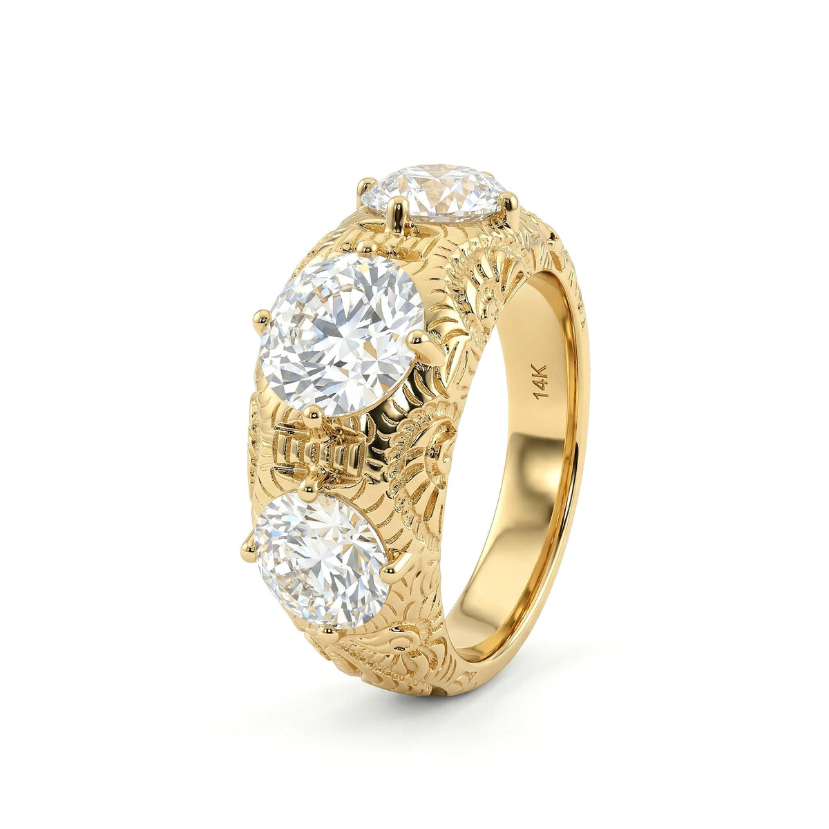 Vintage Style Hand - engraved Three Stone Old European Cut Lab Diamond Ring - FIORESE JEWELRY