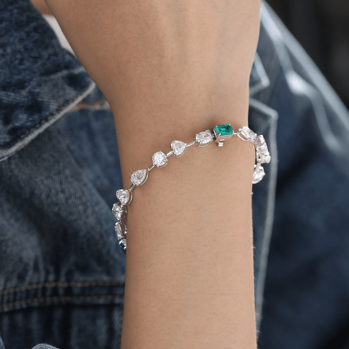 10 CT TW Lab Diamond & Lab Emerald Tennis Bracelet with Six Shapes - FIORESE JEWELRY
